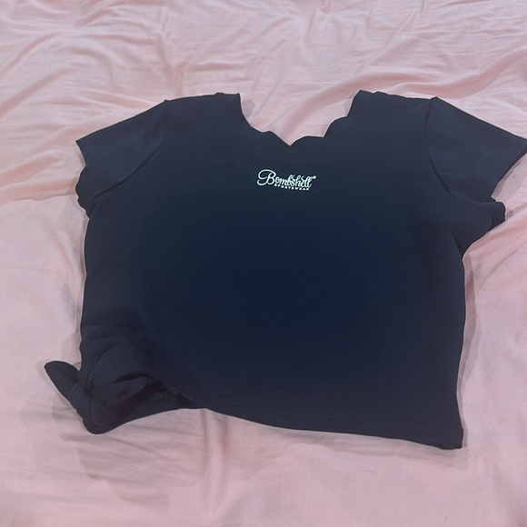 Bombshell Sportswear White Logo Mesh Jersey Side Tie Crop Top Tee Shirt Black - Picture 5 of 12